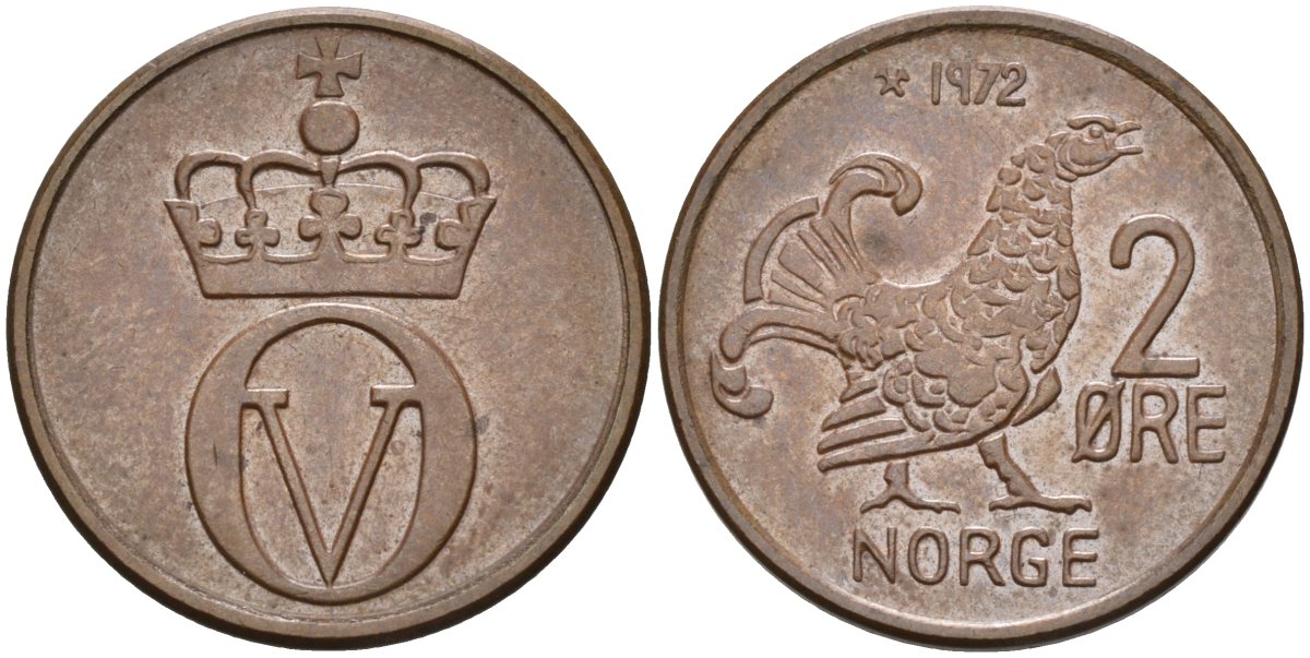 Норвегия 2 эре 1972 глухарь, Улаф V (1958-1991) KM 410 бронза UNC 4582-536