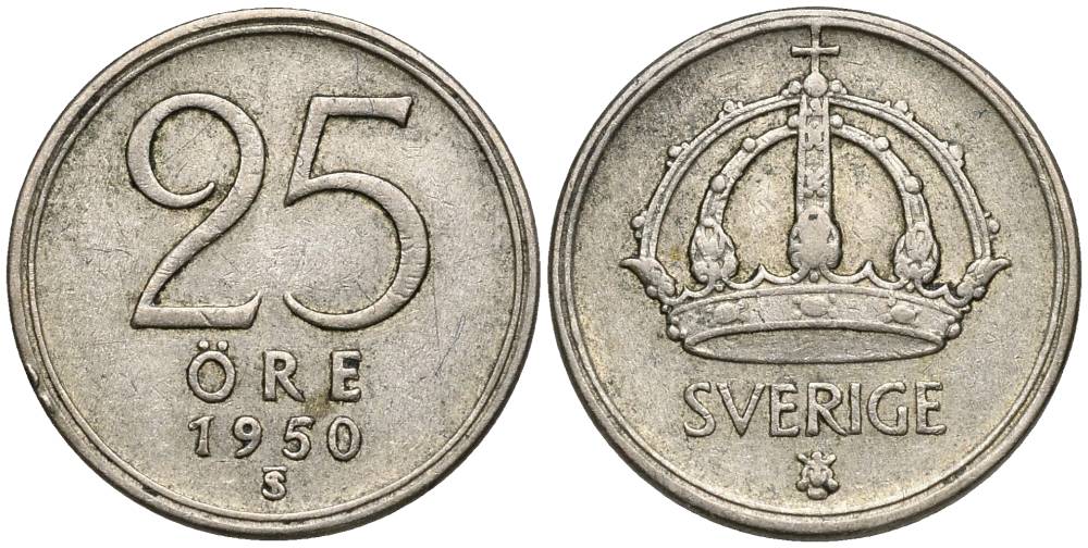 Швеция 25 эре 1950 TS, Густав V (1907-1950), проба 400 KM 816 серебро 4549-1126