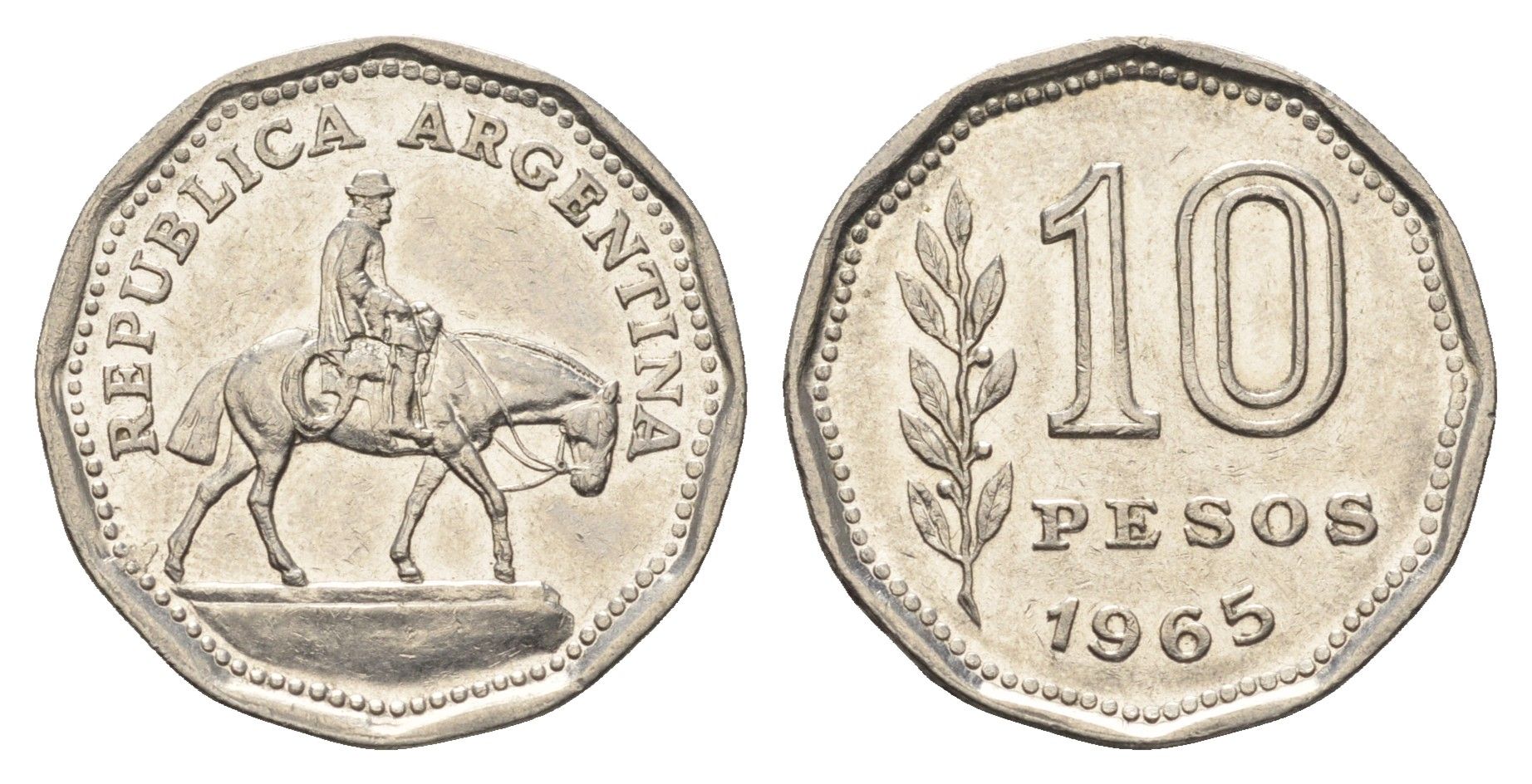 Аргентина 10 песо 1965 Гауч KM 60 сталь плакированная никелем 4663-654