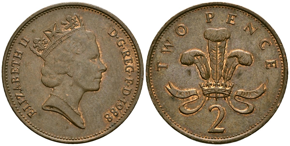 Великобритания 2 пенса 1988 Елизавета II (1952-2022) KM 936, Spink 4376 (C3) бронза 4167-534