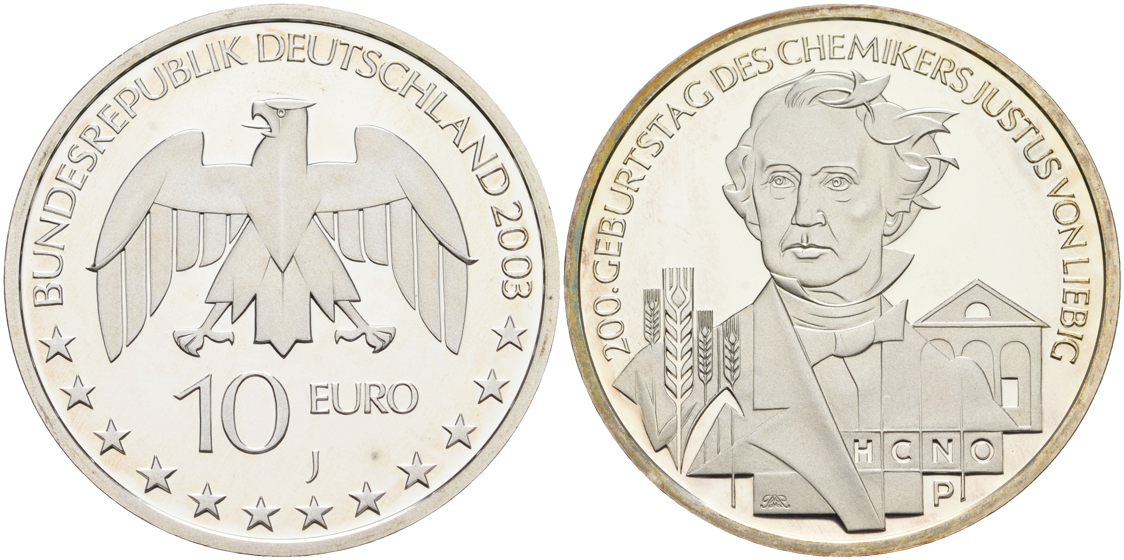 ФРГ 10 евро 2003 J, 200 лет со дня рождения Юстуса фон Либиха KM 222, DE.S. 10.7 серебро PROOF 1076-3-23