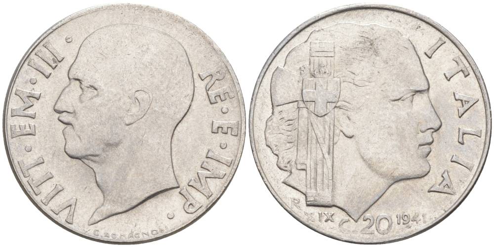 ИТАЛИЯ 20 ЧЕНТЕЗИМО 1941 R, ГОД XIX, ВИКТОР ЭММАНУИЛ III (1900-1946) KM 75b, VEM3. 1028 нержавеющая сталь 3853-614