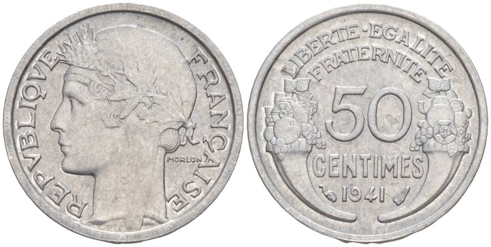ФРАНЦИЯ 50 САНТИМОВ 1941 ТИП MORLON LOURDE KM 894.1a, LE FRANC 193.2 алюминий 44-227