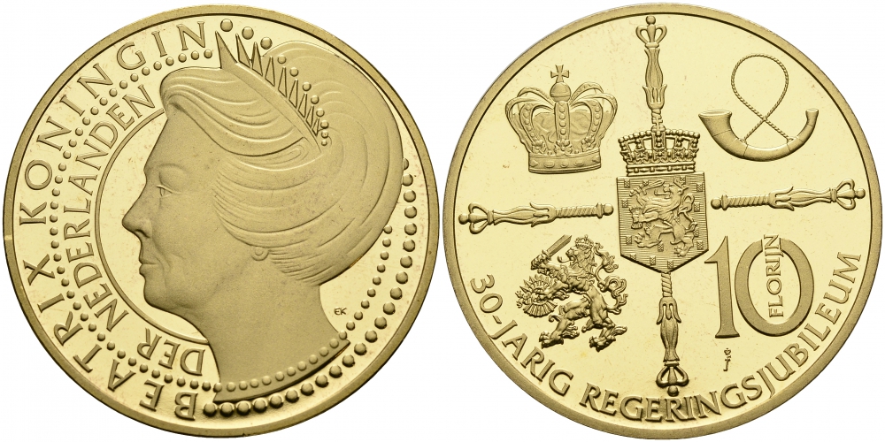 НИДЕРЛАНДЫ МЕДАЛЬ ND 10 ФЛОРИНОВ, КОРОЛЕВА БЕАТРИКС, 30 ЛЕТ ПРАВЛЕНИЯ, ПОЗОЛОТА бронза PROOF 1087-1-45