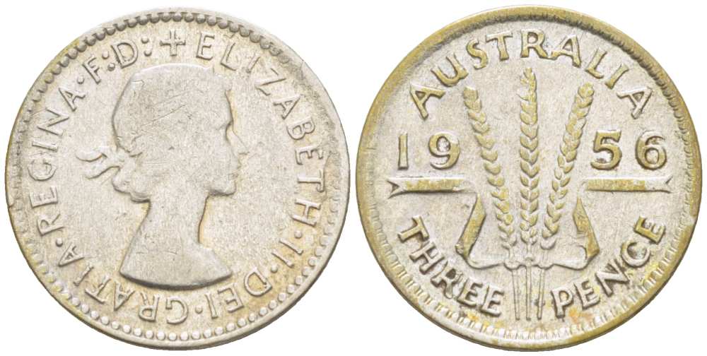 Австралия 3 пенса 1956 m, Елизавета II (1953-) KM 57 серебро 4516-149