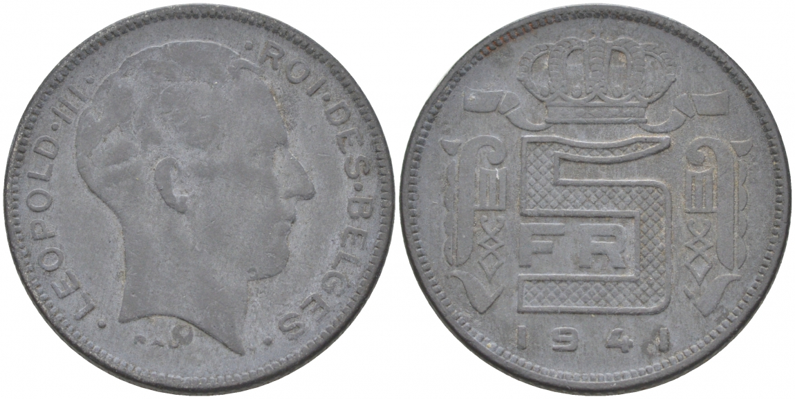 БЕЛЬГИЯ 5 ФРАНКОВ 1941 BELGES, ГЕРМАНСКАЯ ОККУПАЦИЯ, ВТОРАЯ МИРОВАЯ ВОЙНА KM 129.1 цинк 68-237