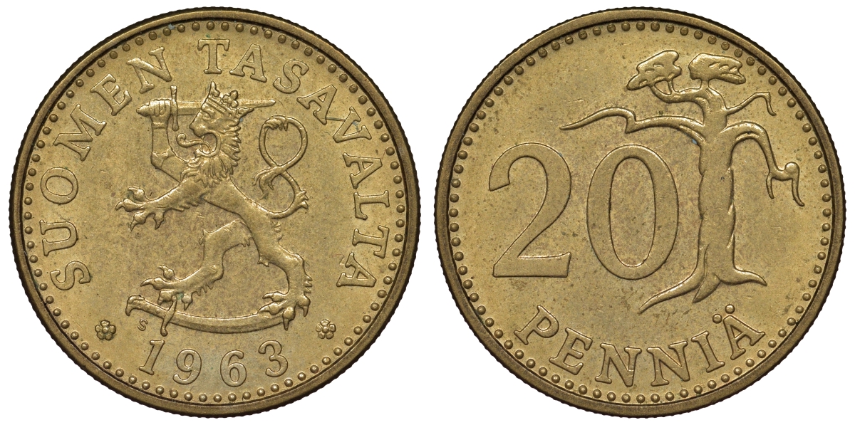 Финляндия 20 пенни 1963 KM 47 алюминиевая бронза 4681-121