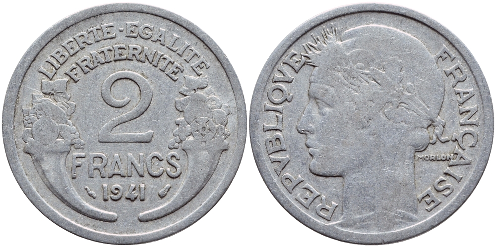 ФРАНЦИЯ 2 ФРАНКА 1941 KM 886а.1 алюминий 4397-733