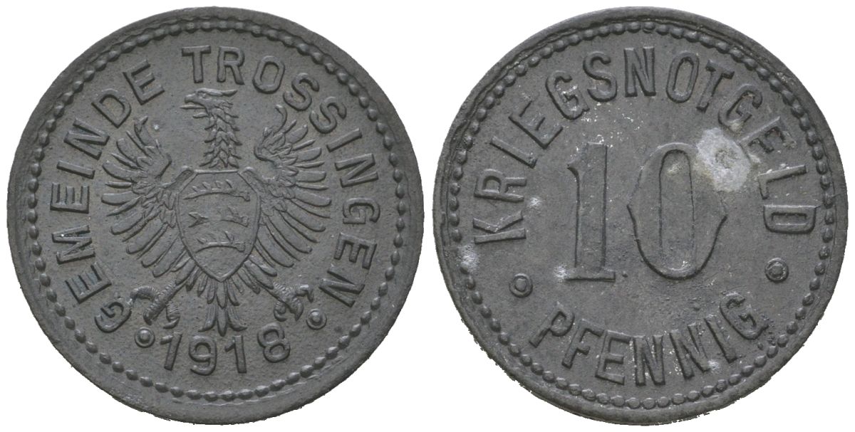 Троссингена (Вюртемберг) 10 пфеннигов 1918 Funck 550.2, Men05 25223.2, Men18 31580.2 железо 4380-814
