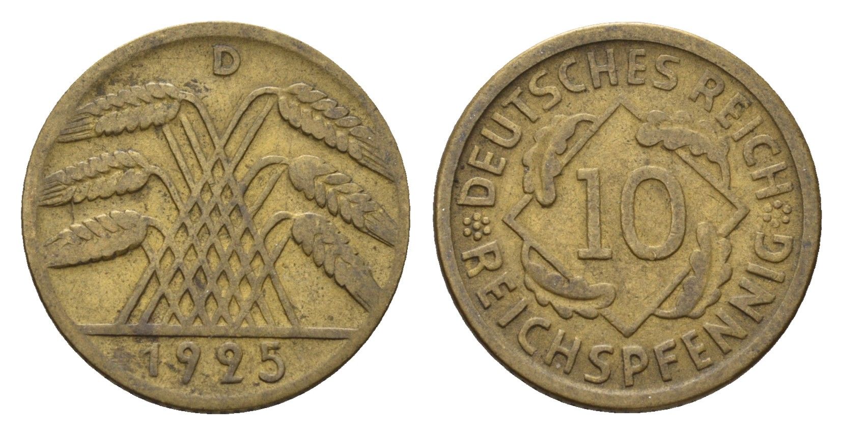 Германия 10 рейхспфеннигов 1925 D KM 40, J. 317 алюминиевая бронза 4651-735