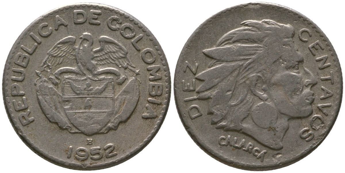 Колумбия 10 сентаво 1952 B KM 212.1, Restrepo 380.1 медно-никель 4576-955