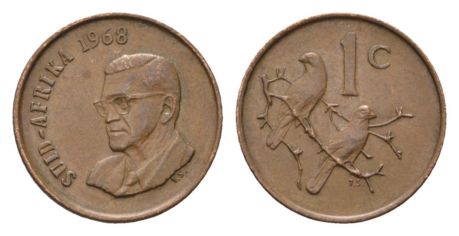 ЮАР 1 цент 1968 Окончание президентства Чарльза Сварта, Suid Africa, легенда на английском KM 74.2 бронза 4690-1051