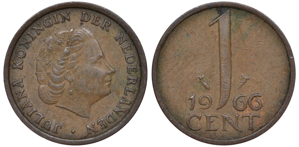 НИДЕРЛАНДЫ 1 ЦЕНТ 1966 ЮЛИАНА KM 180 бронза 45-425