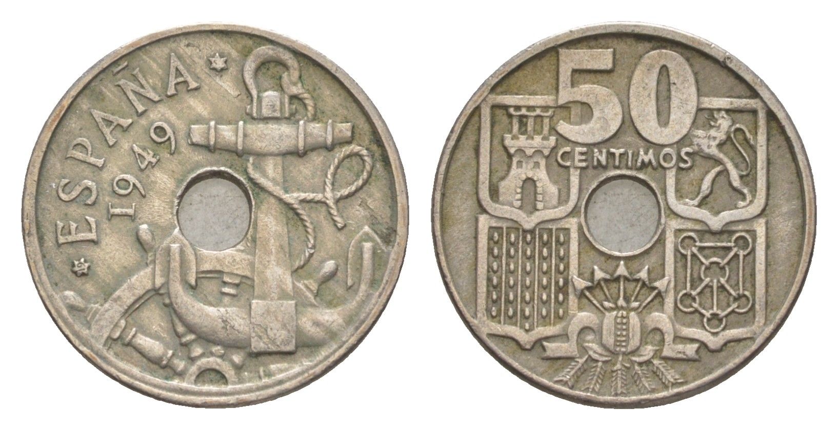 Испания 50 сентимо 1949 Франсиско Франко (1939-1975) KM 777 медно-никель 4623-642