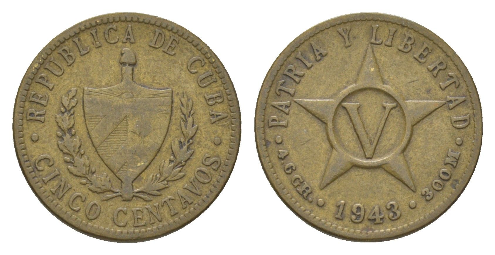 Куба 5 сентаво 1943 KM 11.3a латунь 4623-665