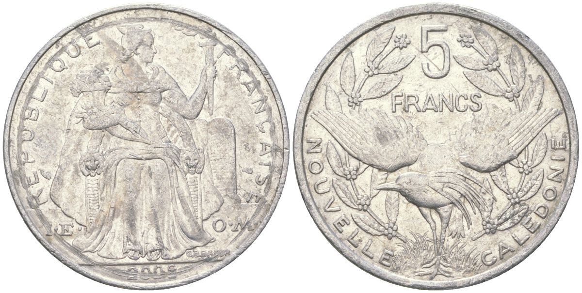 Французская Новая Каледония 5 франков 2009 птица кагу, (IEOM) KM 16, Schoen 12, Lec 81k алюминий 221-833