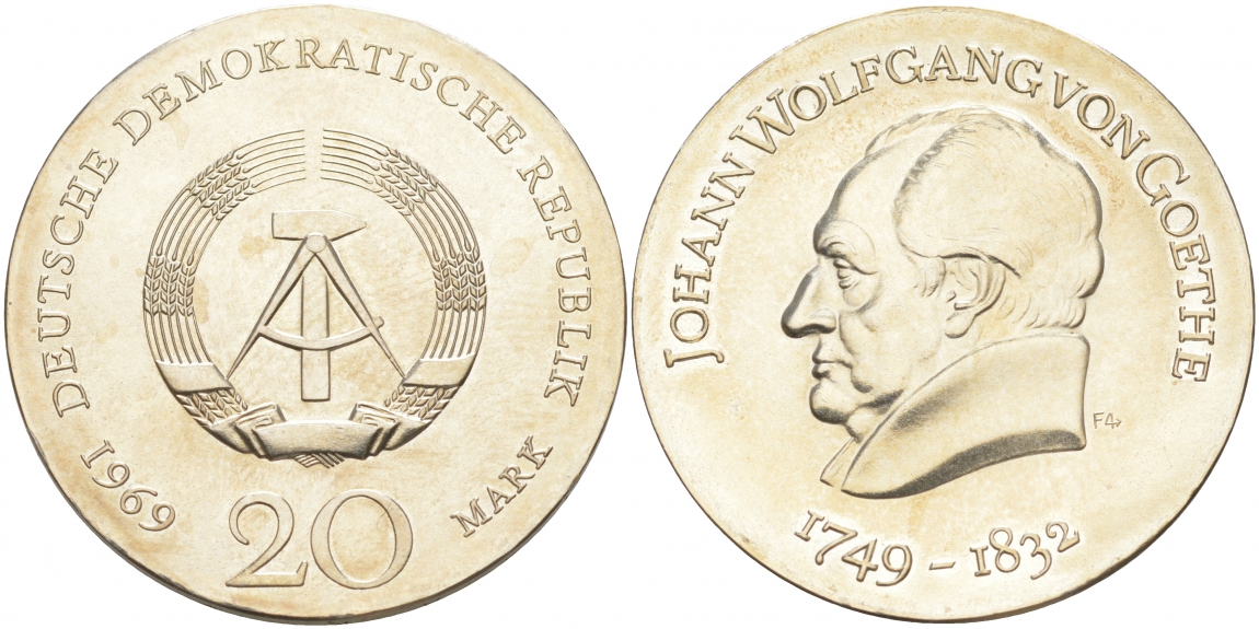 ГДР 20 марок 1969 А, 200 лет со дня рождения Иоганн Вольфганг фон Гете KM 25 серебро UNC 00-000-00