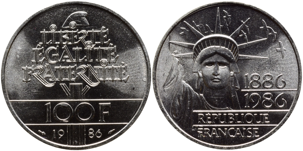 Франция 100 франков 1986 100 лет статуе Свободы на острове Эллис KM 960 серебро UNC 4127-444