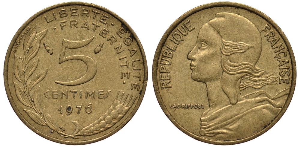 ФРАНЦИЯ 5 САНТИМОВ 1976 ТИП MARIANNE KM 933, LE FRANC 125.12 алюминиевая бронза VF 4181-169