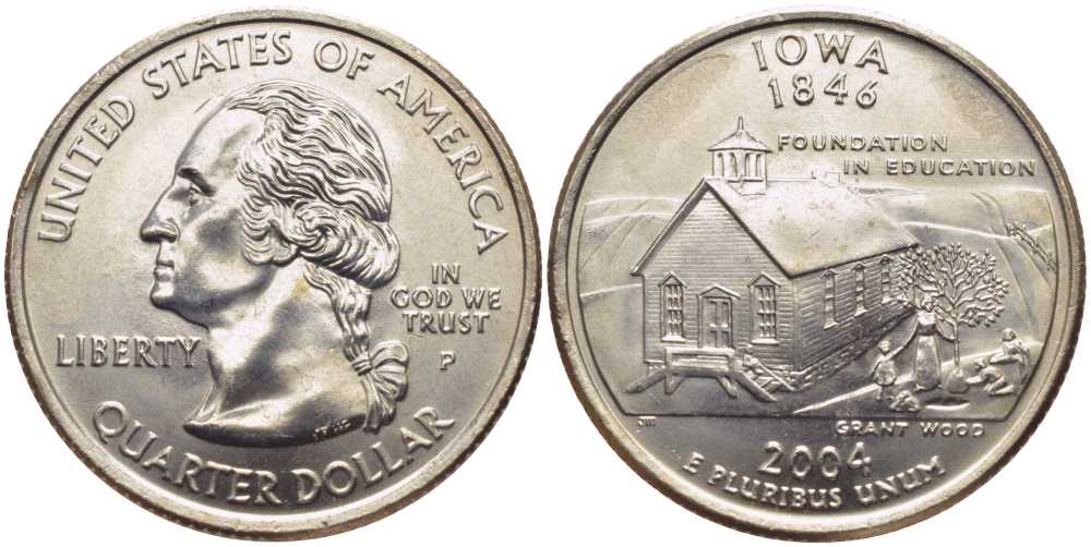 США 25 центов = квотер 2004 P, серия штаты США, Айова KM 358 медь плакированная медно-никелем UNC M50-07