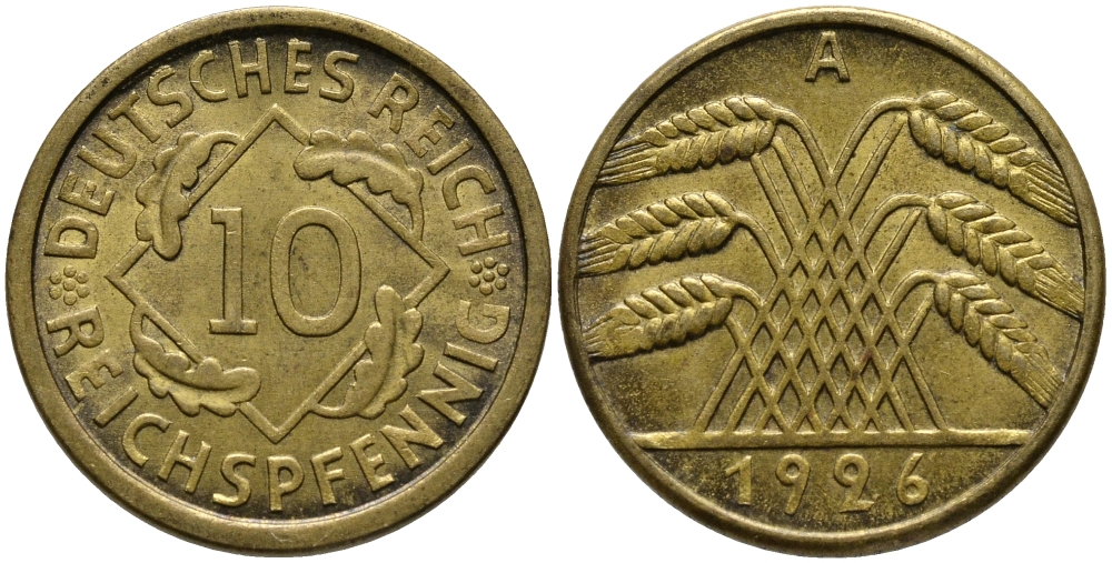 ГЕРМАНИЯ 10 РЕЙХСПФЕННИГОВ 1926 А KM 40, J. 317, Weege 9 алюминиевая бронза 51-616