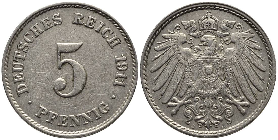 Германия 5 пфеннигов 1911 J KM 11, Jager 12, Weege 6 медно-никель 4547-525