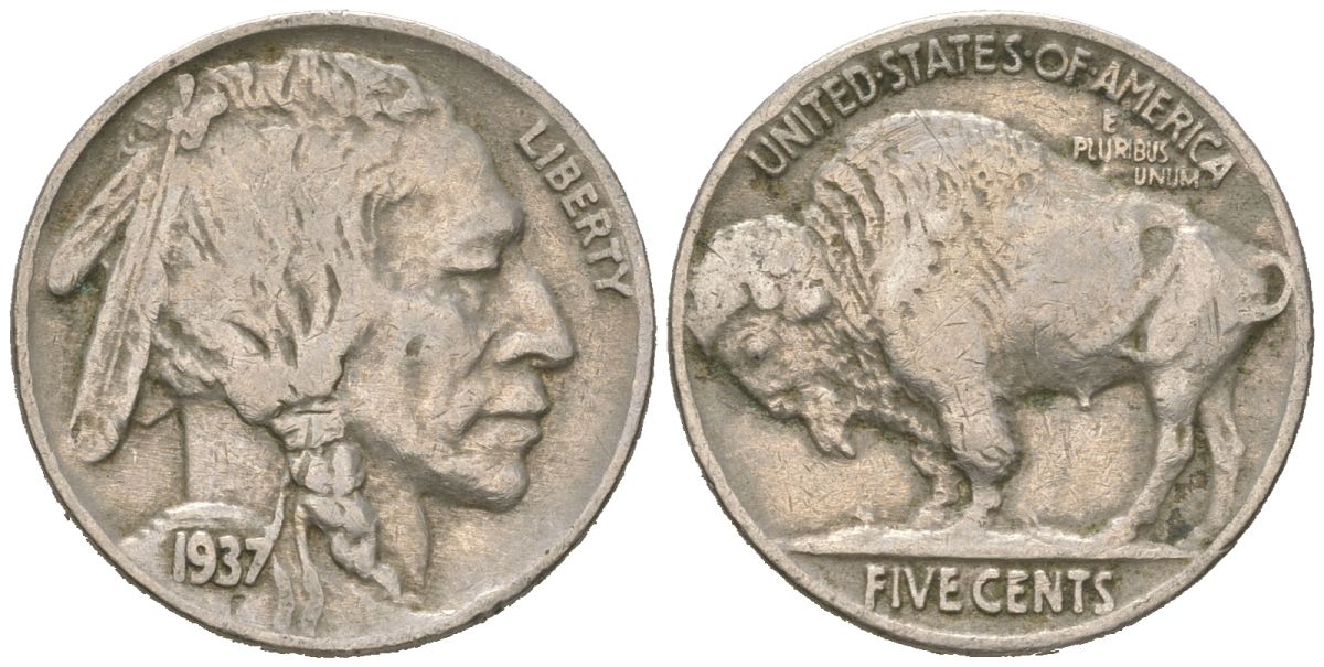 США 5 центов 1937 индеец, бизон KM 134 медно-никель 4602-364