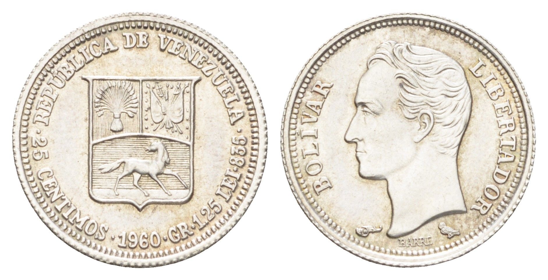 Венесуэла 25 сентимо 1960 год-тип Y 35a серебро UNC 4668-1122