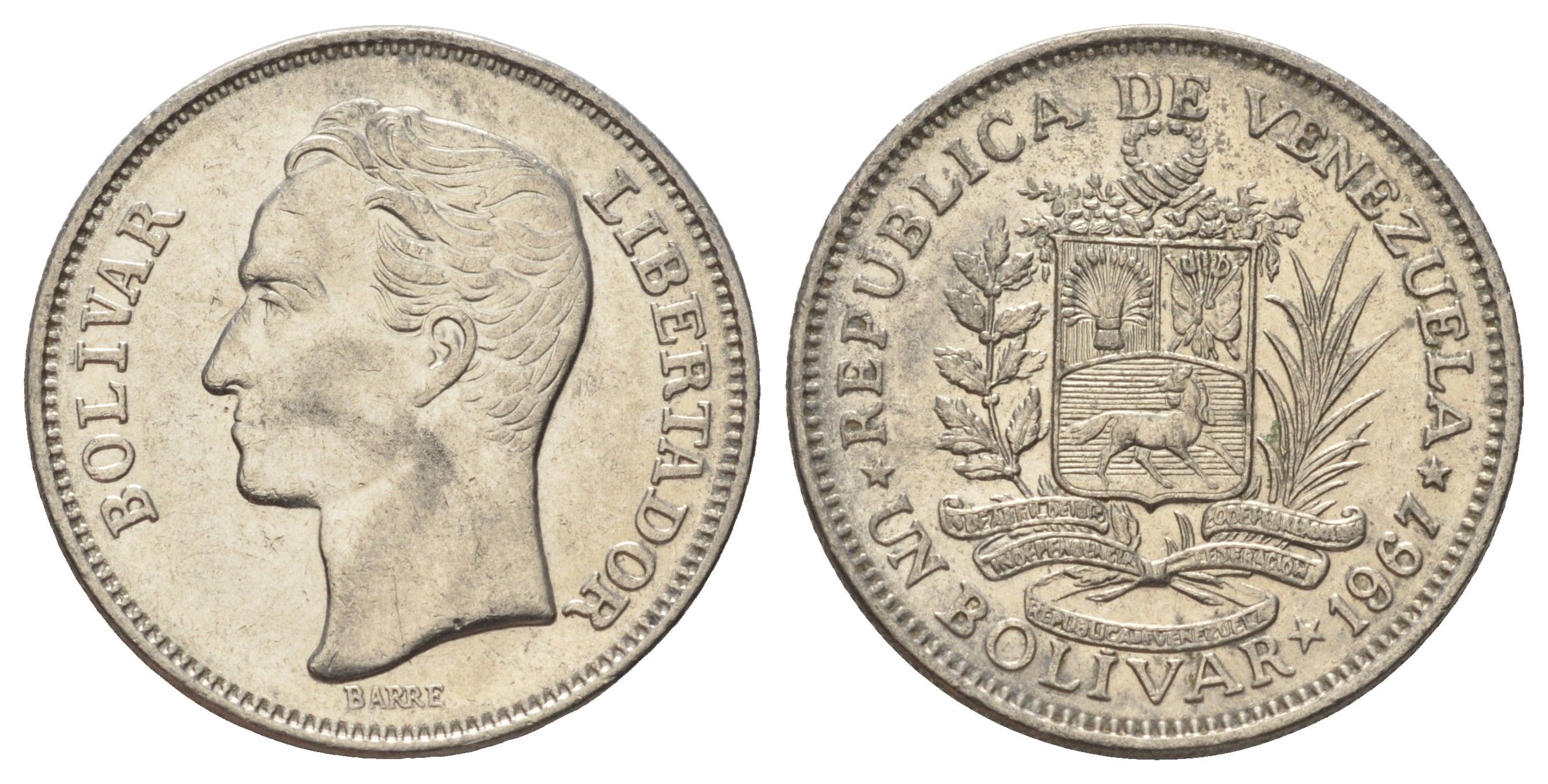 Венесуэла 1 боливар 1967 Симон Боливар Y 42 никель 4172-356