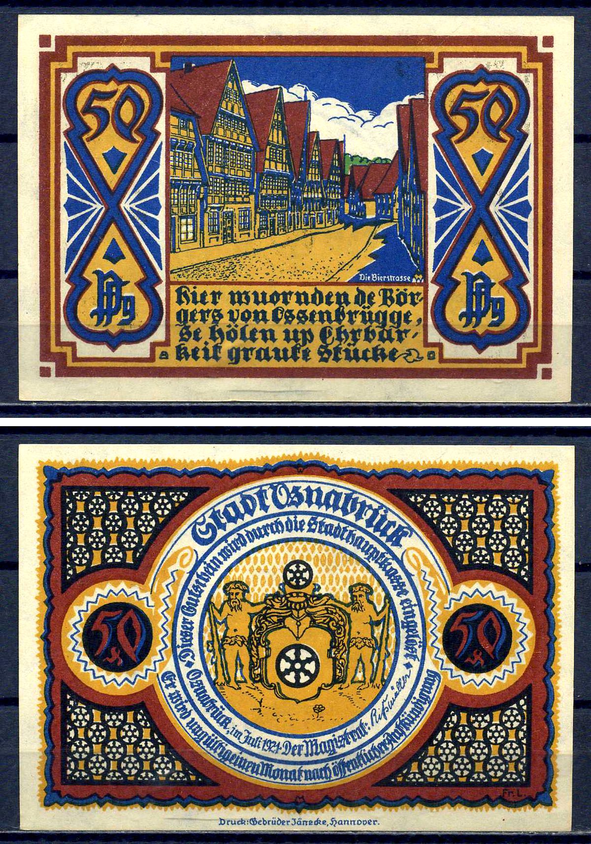 Оснабрюк 50 пфеннигов 1921 DeNG 1/2 1032.1-9/13 бумага UNC (пресс) 7556-27-1-1