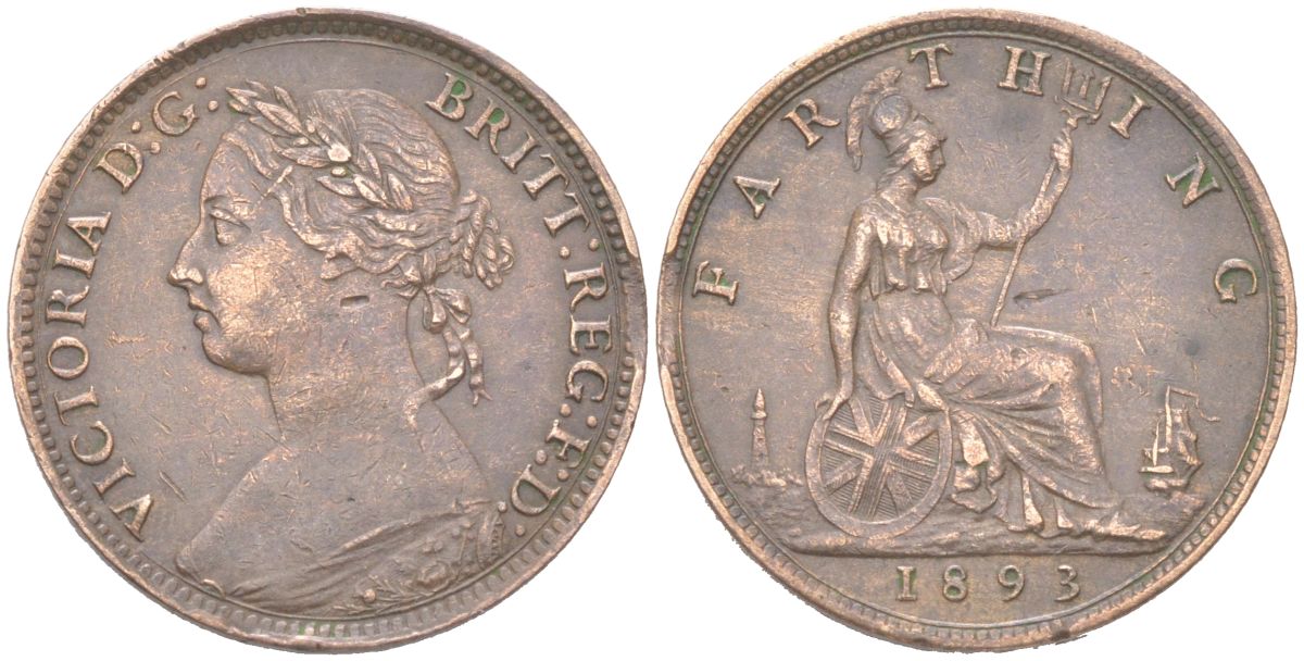 Великобритания 1 фартинг 1893 Виктория (1837-1901) KM 753, Spink 3958 бронза 4613-437