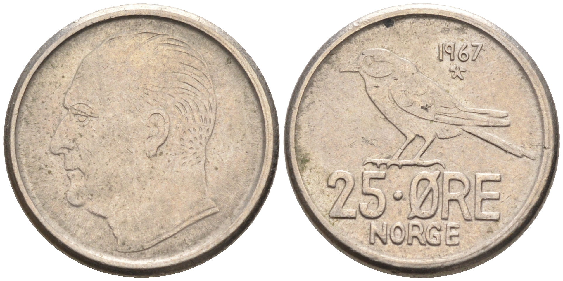 Норвегия 25 эре 1967 Улаф V (1958-1991), синица KM 407 медно-никель 4588-329