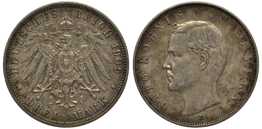 Бавария 3 марки 1909 Отто (1886-1913) Weege 45, J. 47, KM 515 серебро 3711-1913