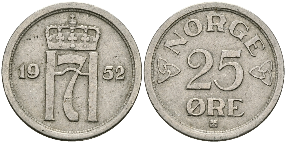 НОРВЕГИЯ 25 ЭРЕ 1952 KM 401 медно-никель 84-928
