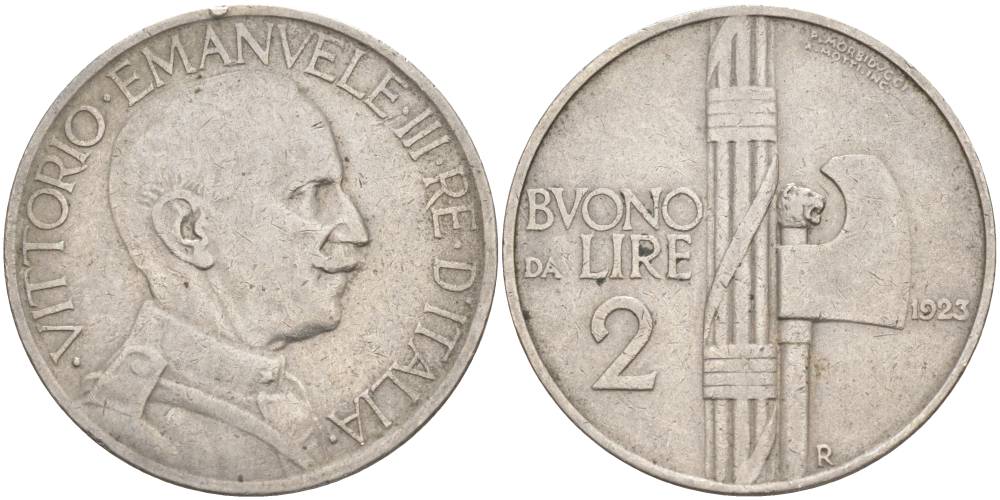 Италия 2 лиры 1923 R, Виктор Эммануил III (1900-1948) KM 63 никель 4545-1244