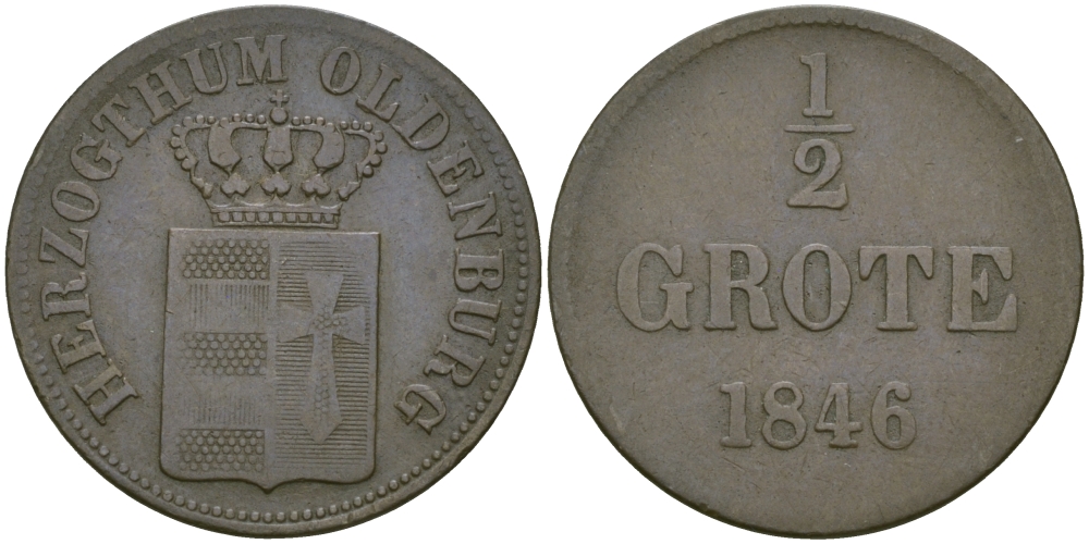 Ольденбург 1/2 гротена 1846 KM 175(С44) медь 99-852