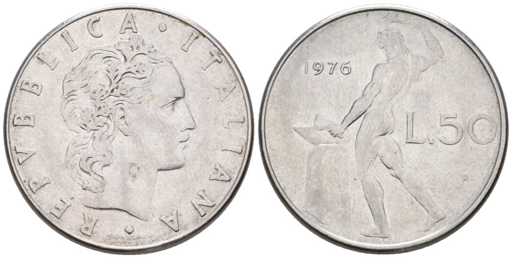 Италия 50 лир 1976 R, Бог огня Вулкан у наковальни KM 95.1 нержавеющая сталь 4577-456