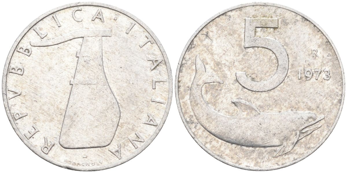 Италия 5 лир 1973 R, плуг, дельфин KM 92 алюминий 4549-421