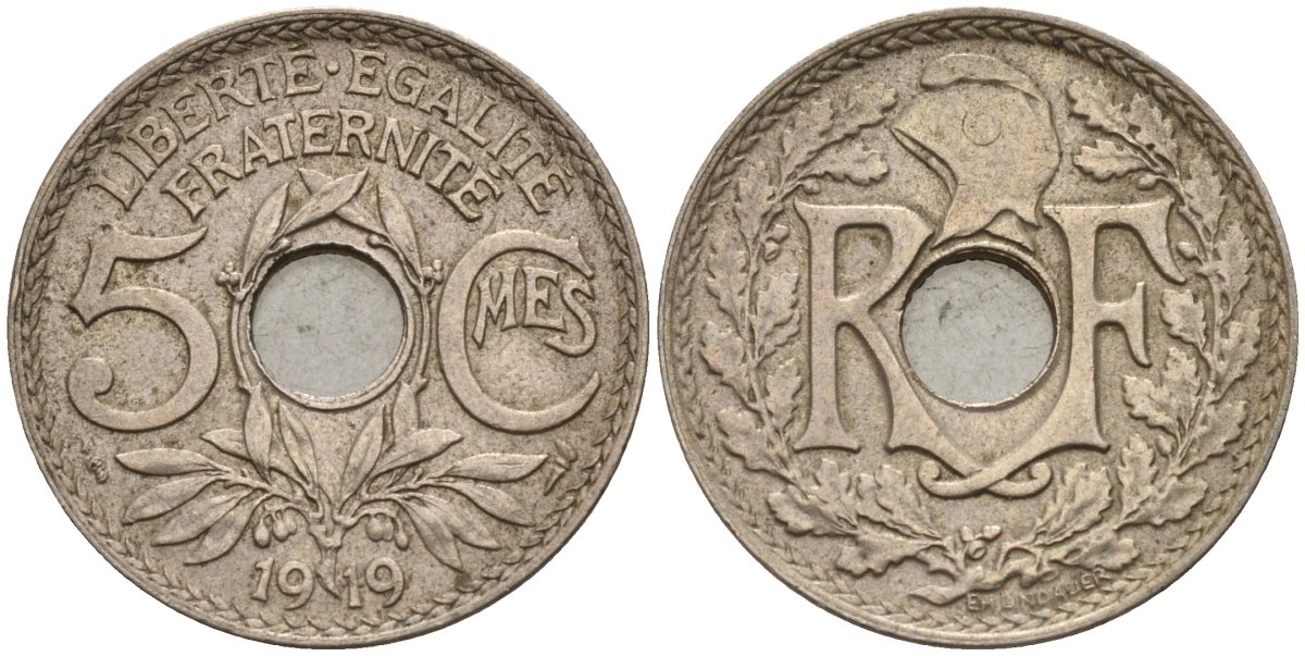Франция 5 сантимов 1919 тип Линдайё KM 865, Le Franc 121.3 медно-никель 4596-444