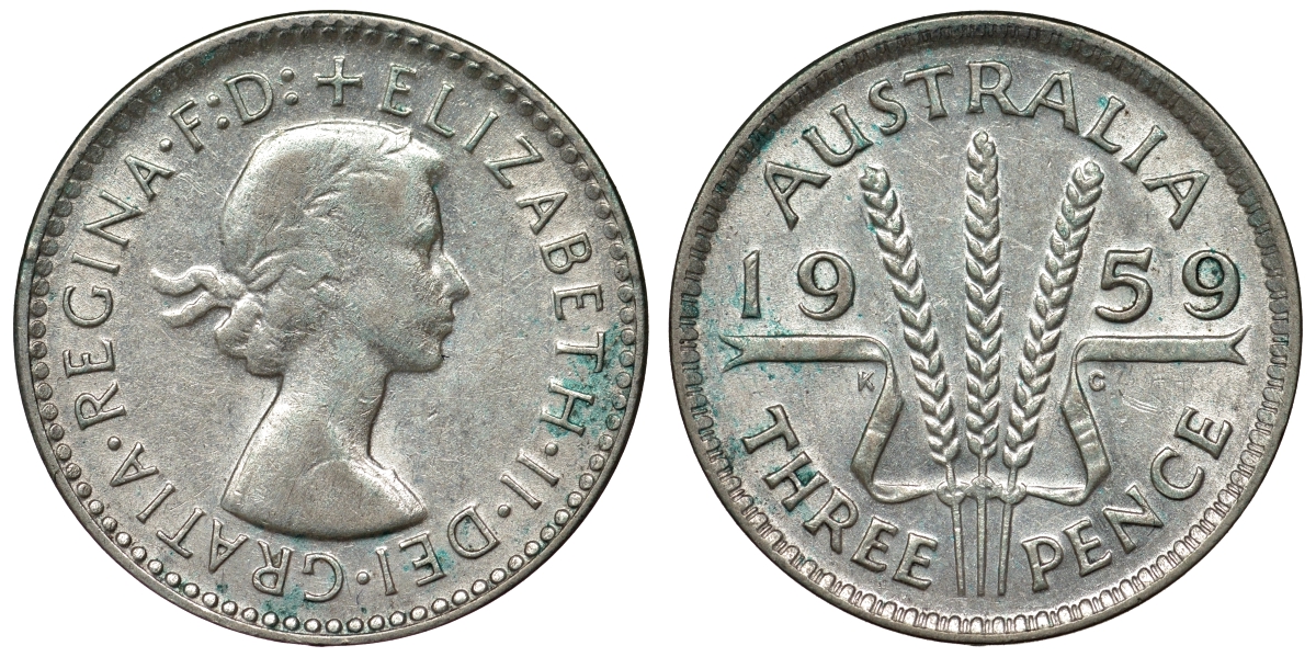 Австралия 3 пенса 1959 m, Елизавета II (1952-2022) KM 57 серебро 71-613