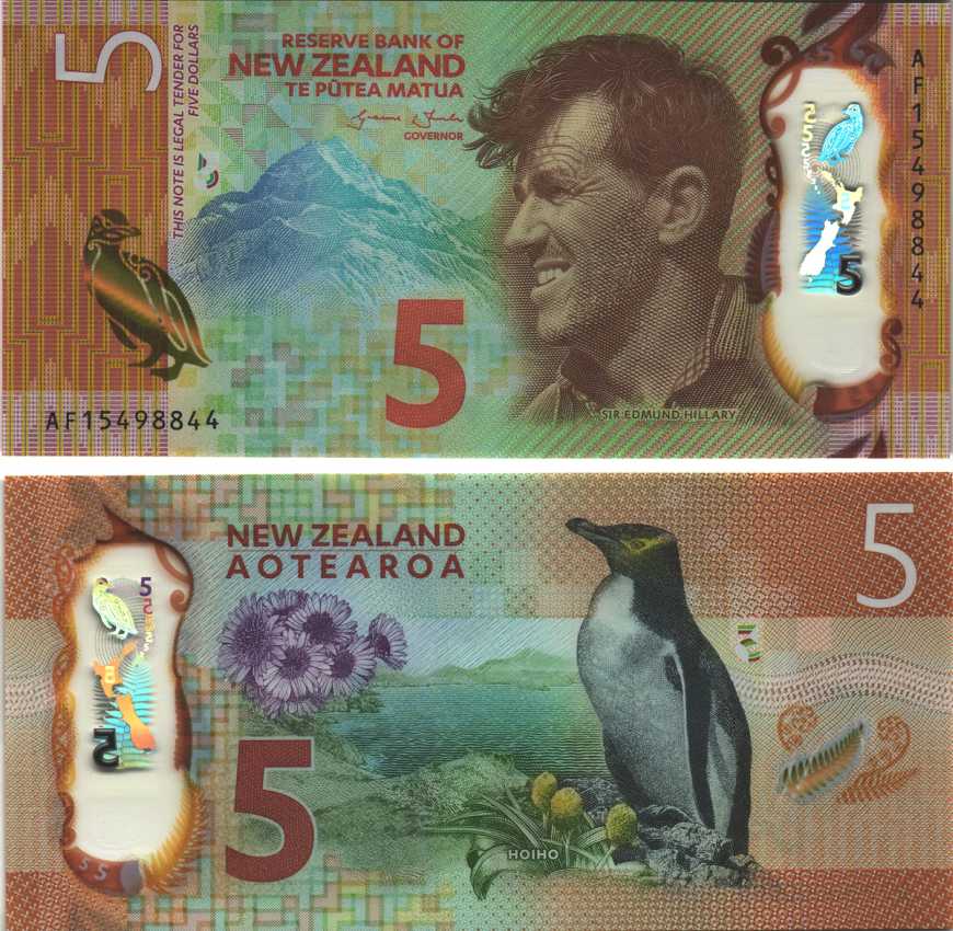 Новая Зеландия 5 долларов 2015 сэр Хилари, пингвин Pick 191 пластик UNC (пресс) 449-3-3