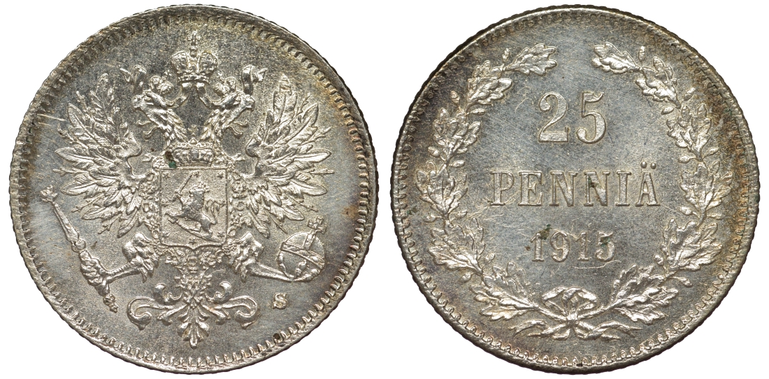 Россия для Финляндии 25 пенни 1915 S, Николай II (1894-1917) KM 6.2, Биткин 420 серебро 75-1221