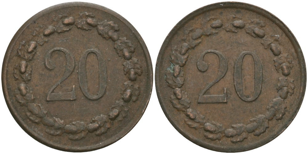 ФРАНЦИЯ 20 САНТИМОВ ND ПЛАТЕЖНЫЙ ЖЕТОН НАЧАЛА XX ВЕКА, ЦИФРЫ НОМИНАЛА 7 ММ.,ЦИФРЫ НОМИНАЛА В ВЕНКЕ, ДИАМЕТР 23 ММ. медь 98-947