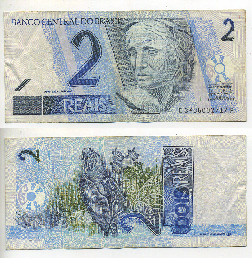 БРАЗИЛИЯ 2 РЕАЛА 2001- СЕРИЯ С-А, СТАРУЯ РЕСПУБЛИКИ, МОРСКИЕ ЧЕРЕПАХИ Pick 249 бумага 7548-22-1-1