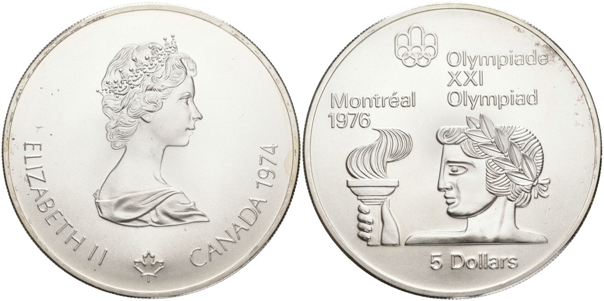 Канада 5 долларов 1974 XXI летние Олимпийские игры в Монреале 1976 года, атлет в Олимпийским огнем KM 90 серебро UNC 1525-443