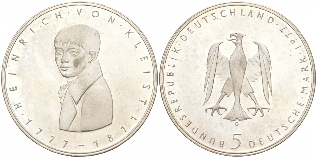 ФРГ 5 марок 1977 G, 200 лет со дня рождения Генриха фон Клейста KM 146, J. 421 серебро 3855-626