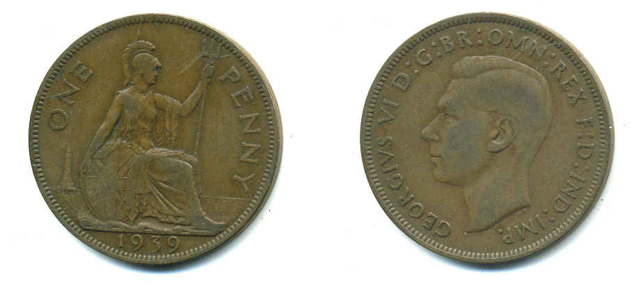 Великобритания 1 пенни 1939 Георг VI (1936-1952) KM 845, Spink 4114 бронза 4383-713