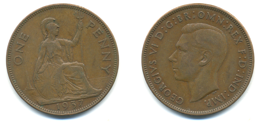 Великобритания 1 пенни 1937 Георг VI (1936-1952) KM 845, Spink 4114 бронза 89-116