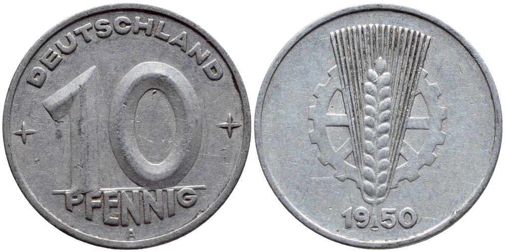 ГДР 10 ПФЕННИГОВ 1950 А KM 3 алюминий 4398-754