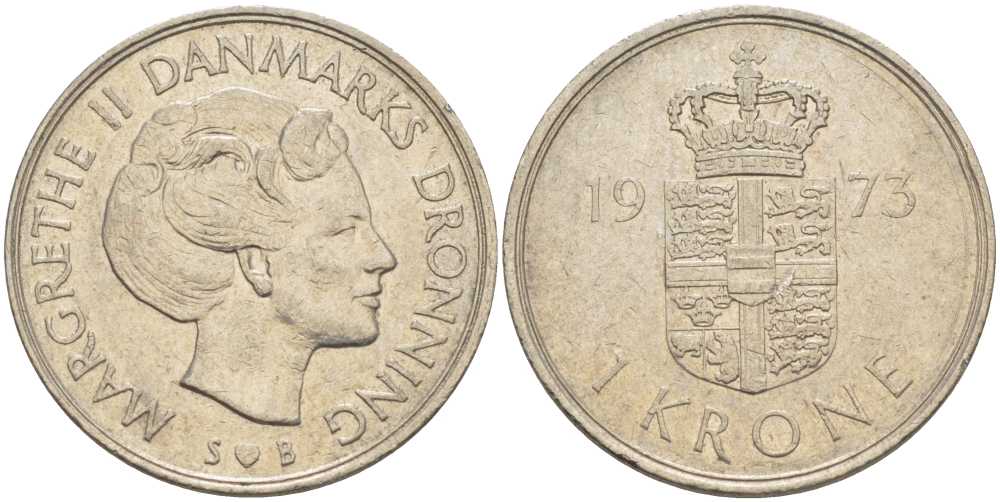 ДАНИЯ 1 КРОНА 1973 S; B, МАРГРЕТЕ II (1972-) KM 862.1 медно-никель 4388-142